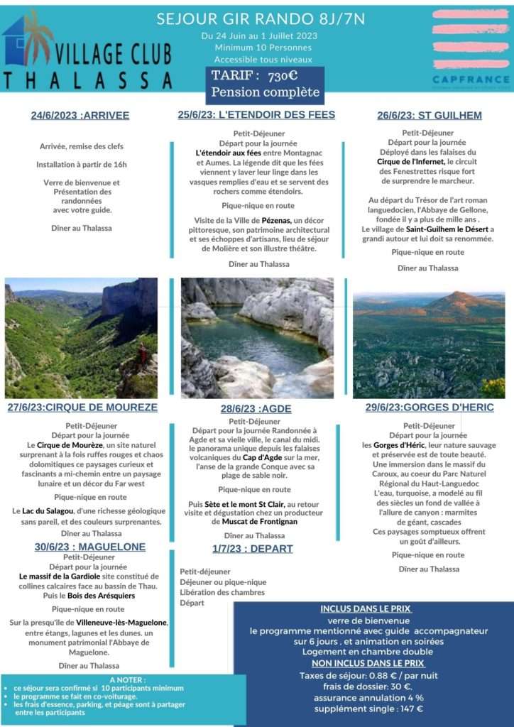 Programme randonnée Village vacances Thalassa Meze